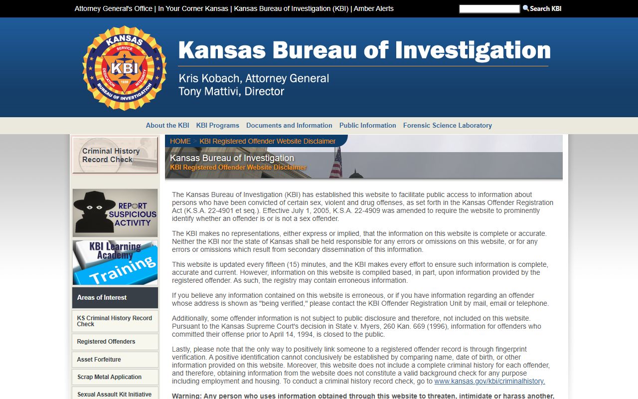 Gove County arrest records KBI registered offender search disclaimer