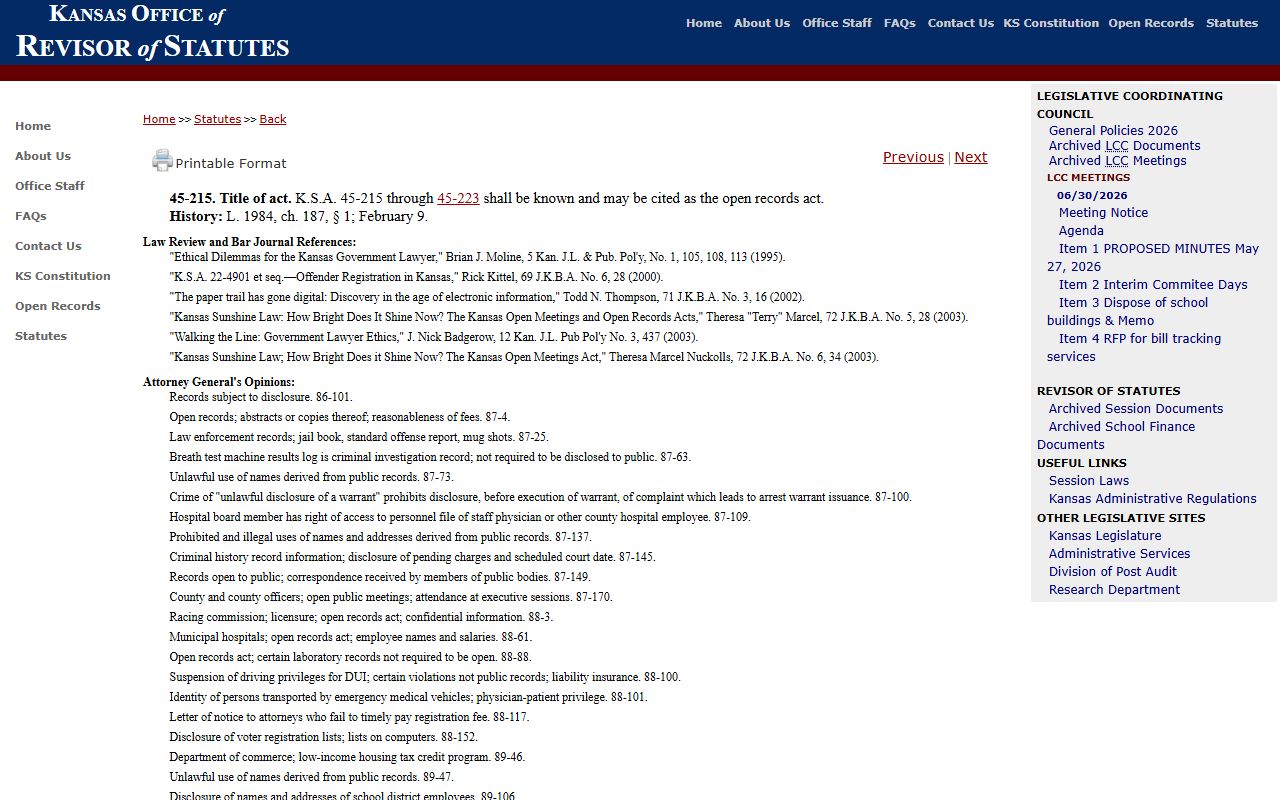 Gove County court records Kansas Open Records Act title section