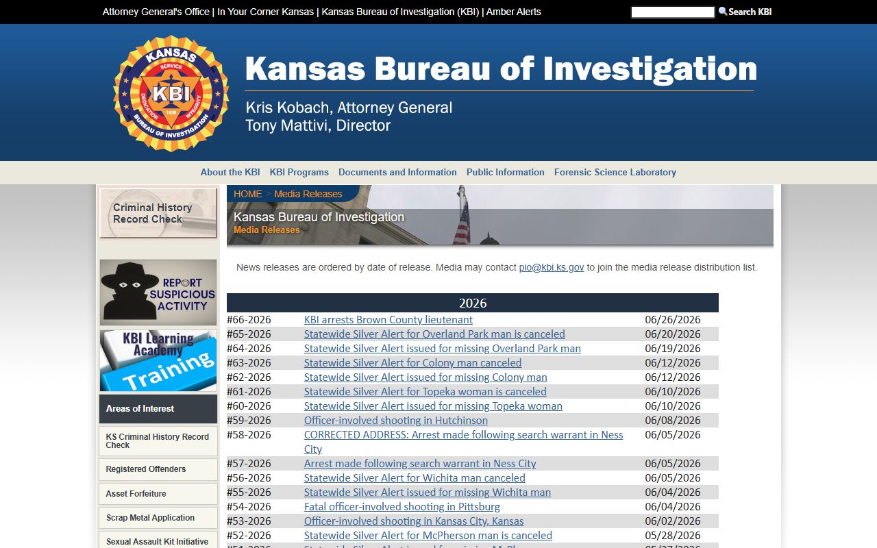 Gove County criminal court records Kansas Bureau of Investigation media releases