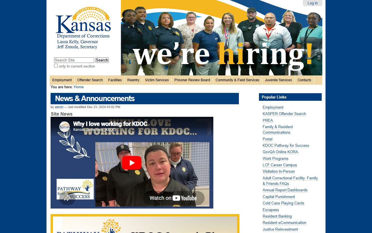 Gove County inmate search Kansas Department of Corrections