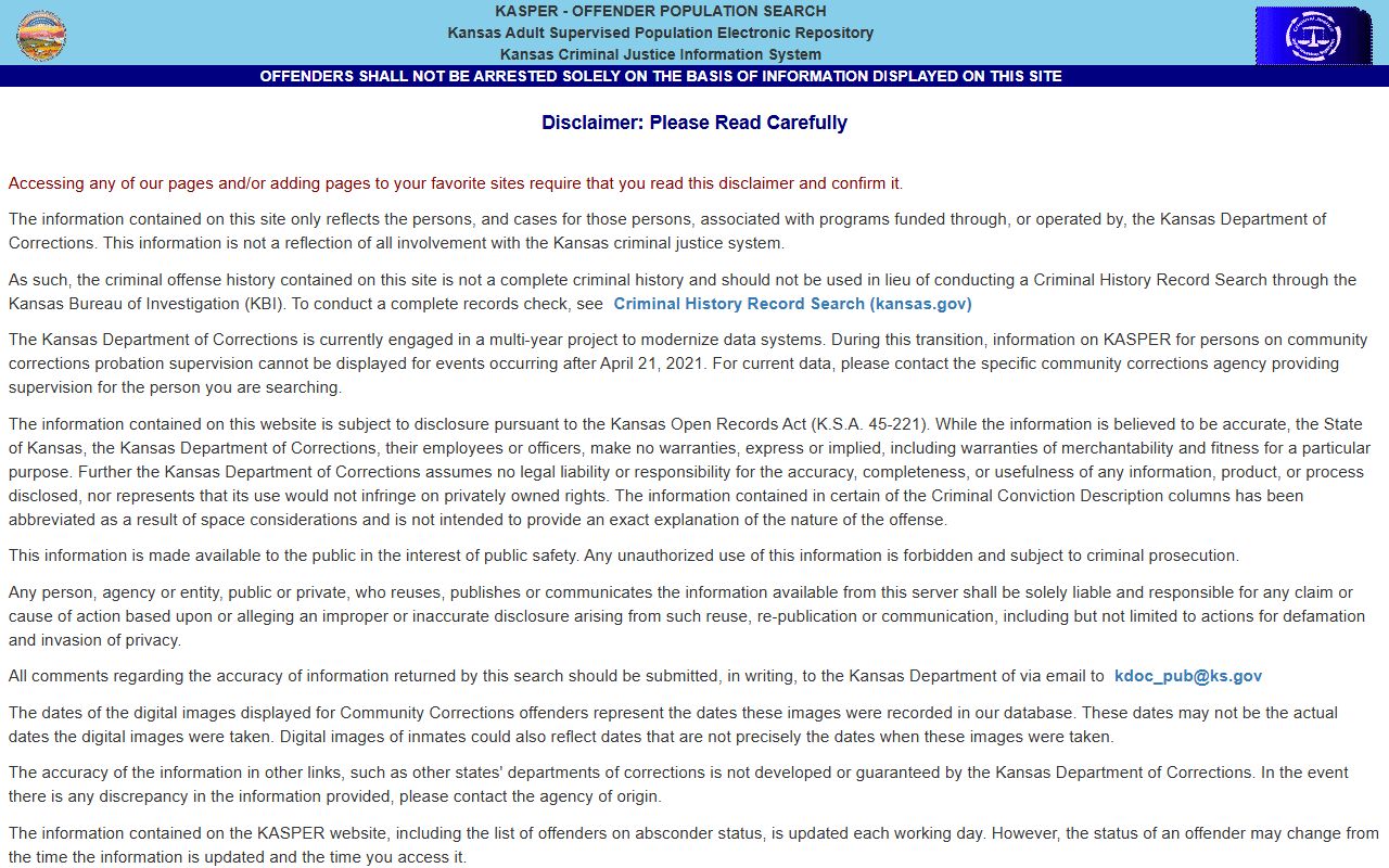 Gove County inmate search KDOC KASPER disclaimer