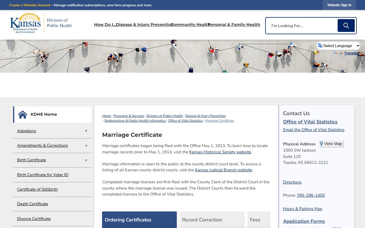Gove County marriage records KDHE certified marriage certificate ordering
