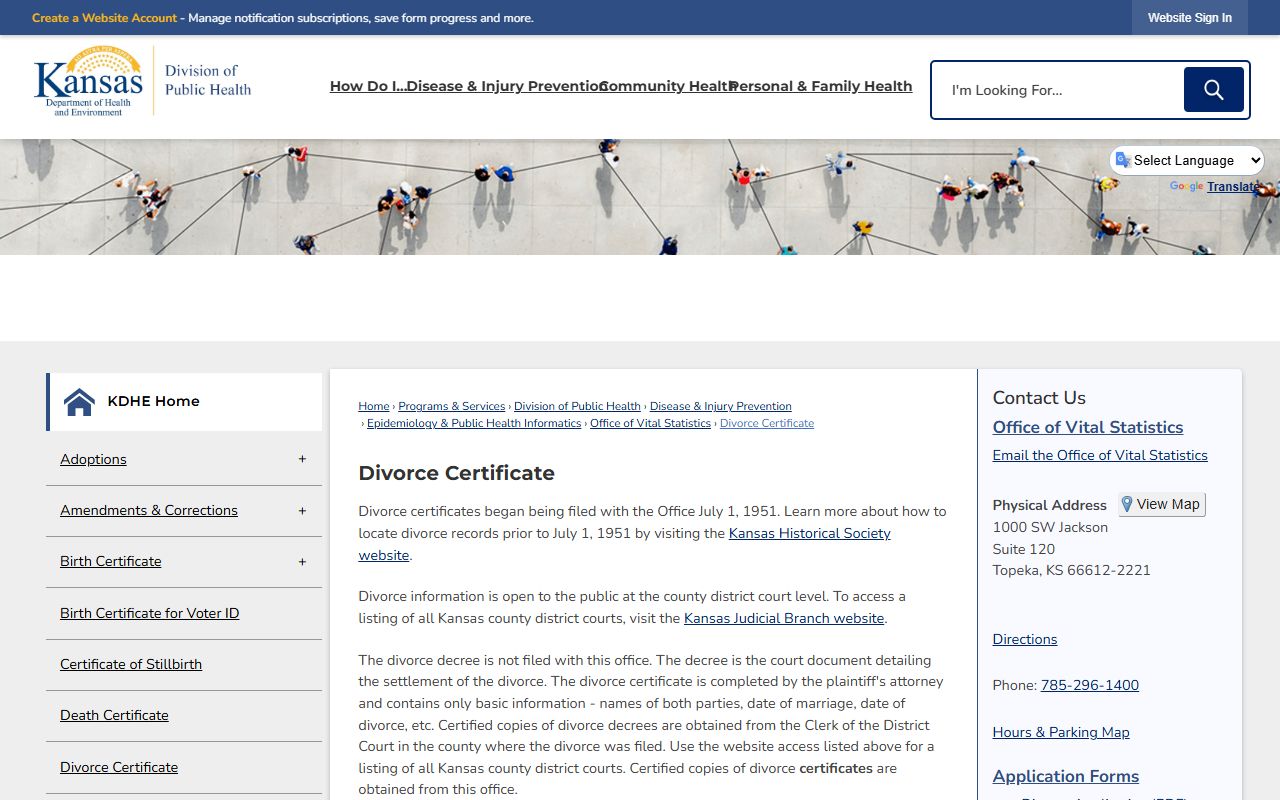 Gove County divorce records KDHE certified divorce certificate ordering